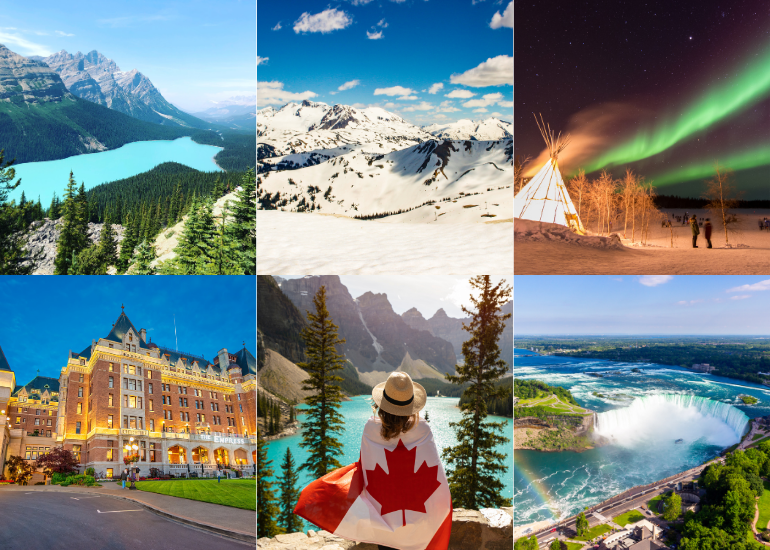 Where should Gemini travel in 2024? Gemini should travel Canada in 2024! Featuring images of Old Quebec, Aurora Borealis, Peyto Lake, Banff National Park, and Niagara Fallls
