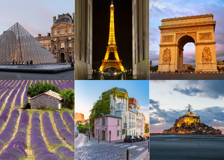 Where should Libra travel 2024? Libra should travel France! Featuring Paris, Eiffel Tower, Arc du Triumph, lavender fields