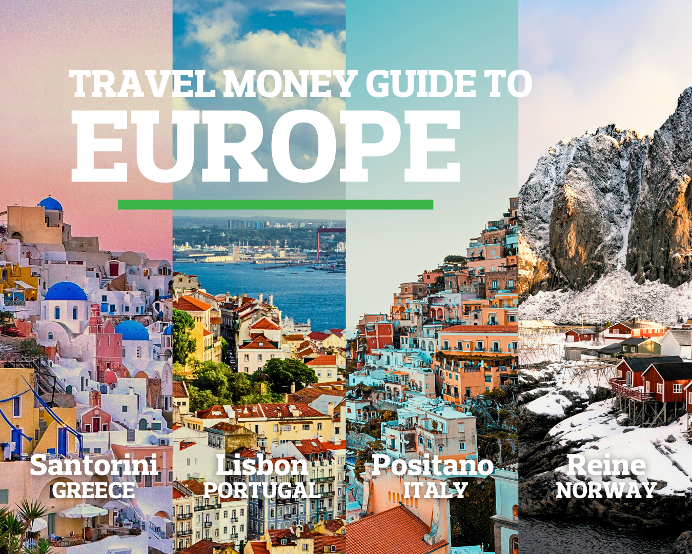 Travel Money For Europe. Image features the Santorini skyline at sunset, Lisbon's vibrant cityscape, the iconic Positano coastline, and dramatic scenery of Norway.