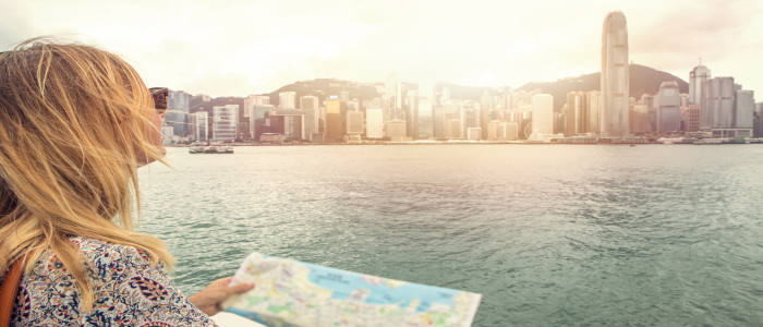 hong kong skyline with map