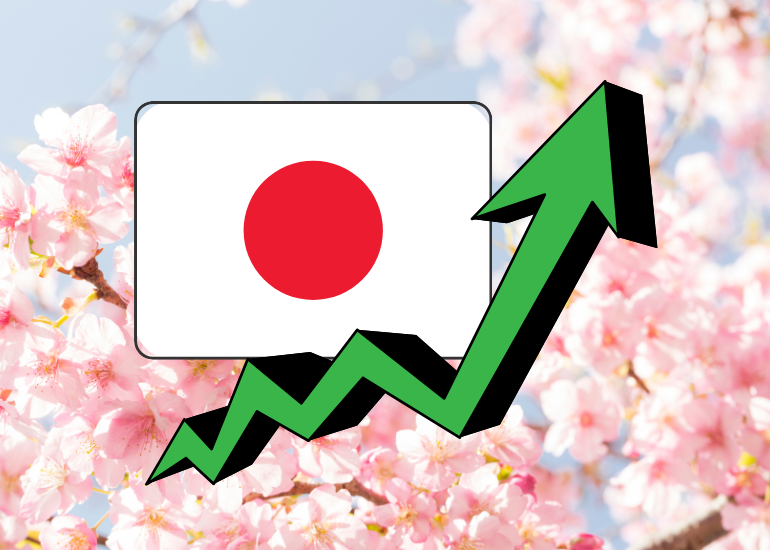 Cherry Blossoms with Japanese Flag and Green Yen Arrow for JPY Exchange