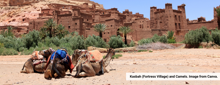 Kasbah, Berber Fortress Village with Camels, Morocco.