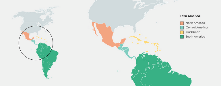 Latin American Map colour-coding the different Americas - Noth America, South America, Central America, and the Caribbean Islands