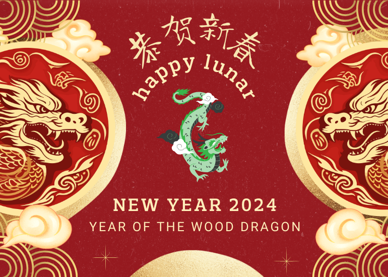 Year of the Dragon 2024 Lunar New Year featuring gold, red, and dragon imagery