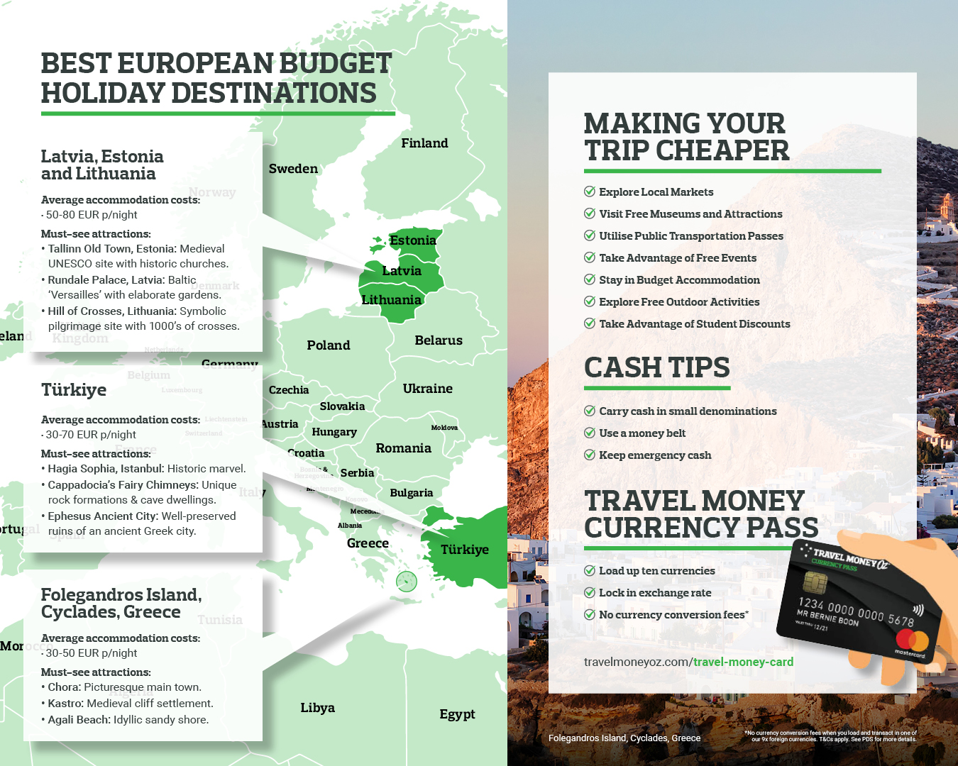 Top travel money tips for budget Europe travels infographic