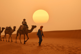 How much does it cost to travel Morocco like a Travel Guide? Image shows Moroccan desert with camel and sun.